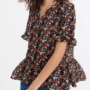 Madewell Floral Silk Studio Ruffle-Hem Top Medium